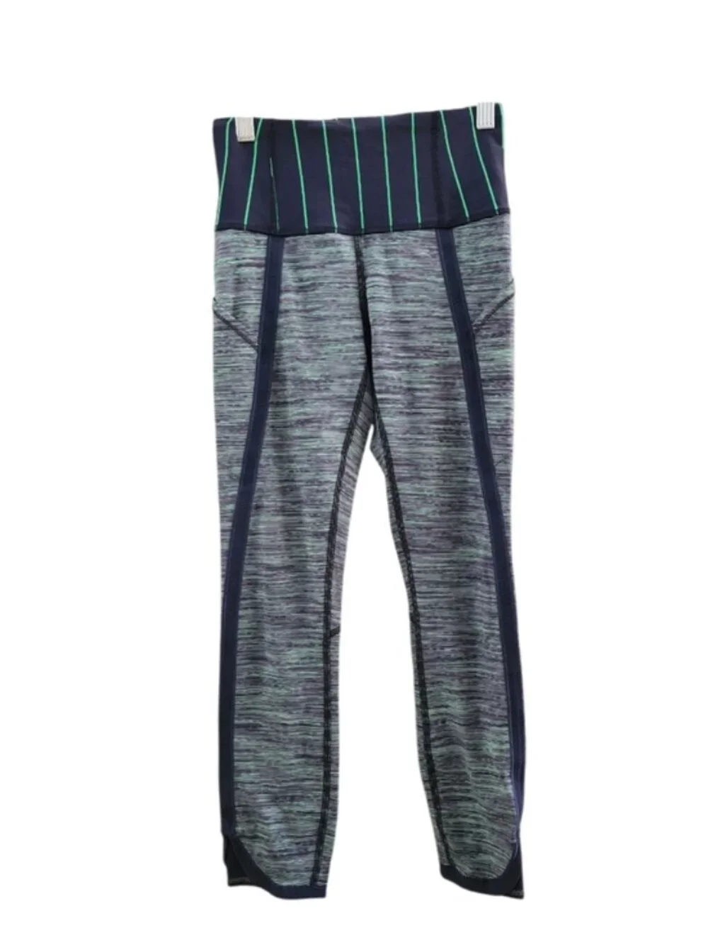 Lululemon Leggings Woman’s Sz 2 Capri Navy Blue W/ Green Stripes Pockets 23